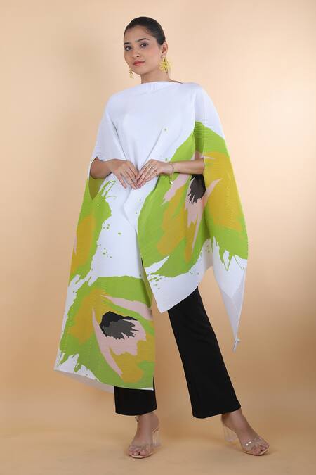 Payal Khandwala_White Cotton Round Neck Abstract Pattern Poncho Tunic With Pant_Online_at_Aza_Fashions