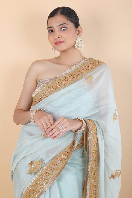 Shop_Anamika Khanna_Blue Cotton Embroidery Floral Saree With Unstitched Blouse Piece_Online_at_Aza_Fashions