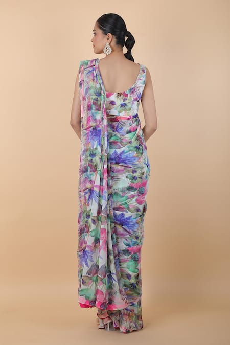 Buy_Anamika Khanna_Multi Color Georgette Embroidery Boat Neck Tropical Print Saree Set With Cape_Online_at_Aza_Fashions