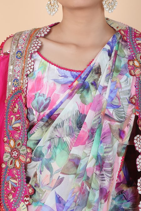 Shop_Anamika Khanna_Multi Color Georgette Embroidery Boat Neck Tropical Print Saree Set With Cape_Online_at_Aza_Fashions