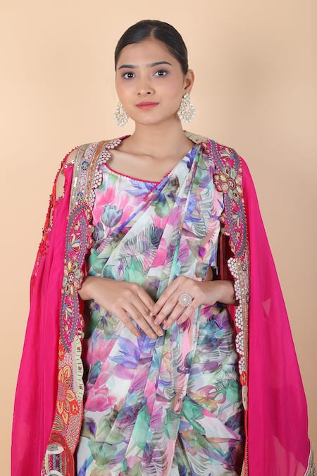 Anamika Khanna_Multi Color Georgette Embroidery Boat Neck Tropical Print Saree Set With Cape_at_Aza_Fashions