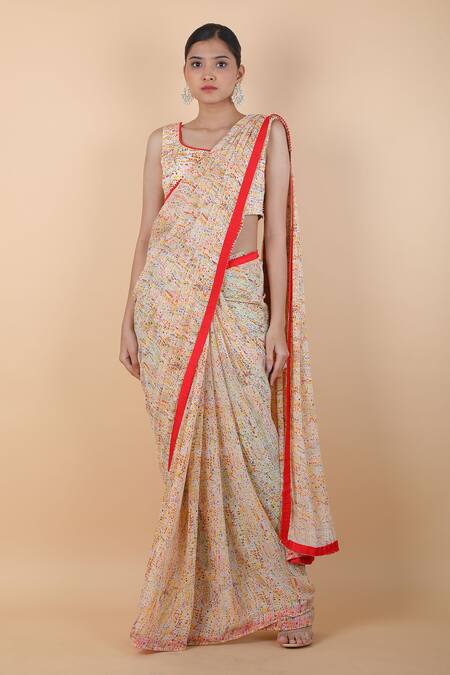 Anamika Khanna_Multi Color Polyester Embroidery Round Neck Polka Print Saree Set With Cape _Online_at_Aza_Fashions