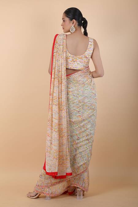 Buy_Anamika Khanna_Multi Color Polyester Embroidery Round Neck Polka Print Saree Set With Cape _Online_at_Aza_Fashions