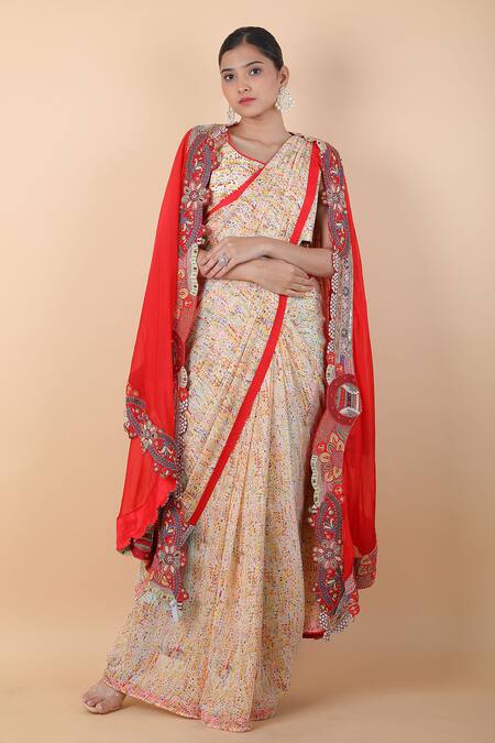 Shop_Anamika Khanna_Multi Color Polyester Embroidery Round Neck Polka Print Saree Set With Cape _Online_at_Aza_Fashions