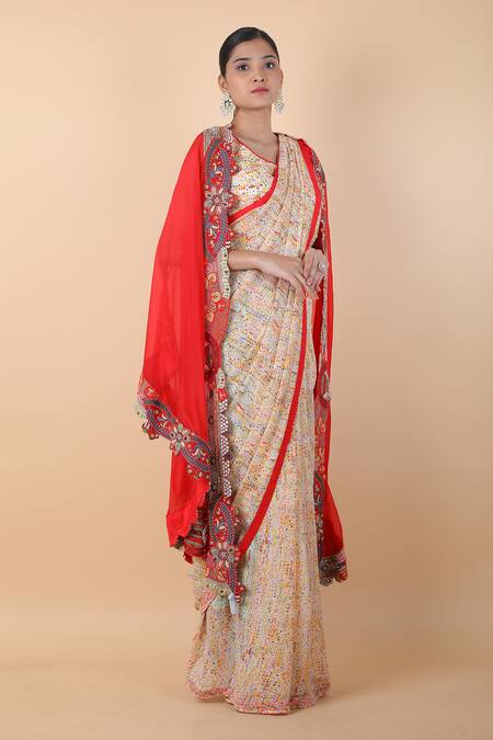 Anamika Khanna_Multi Color Polyester Embroidery Round Neck Polka Print Saree Set With Cape _at_Aza_Fashions