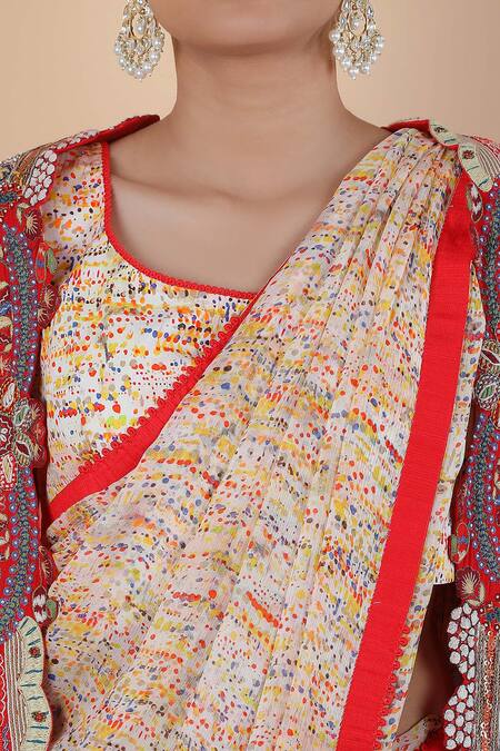 Buy_Anamika Khanna_Multi Color Polyester Embroidery Round Neck Polka Print Saree Set With Cape 