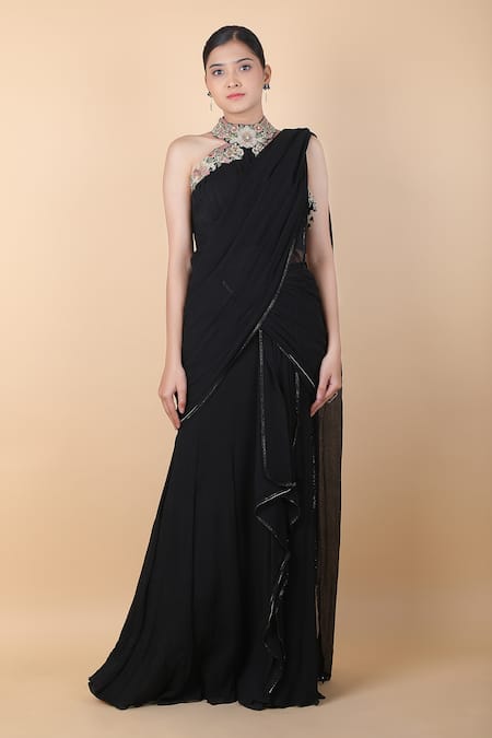Tarun Tahiliani Black Embroidered Floral Band Collar Pre-draped Saree With Blouse 