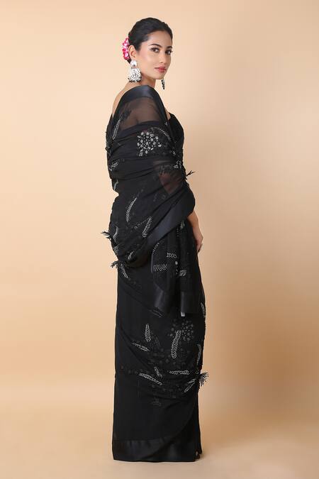 Anamika Khanna_Black Embroidery Floral Saree With Unstitched Blouse Piece _Online_at_Aza_Fashions