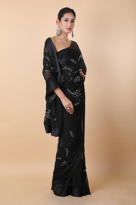 Buy_Anamika Khanna_Black Embroidery Floral Saree With Unstitched Blouse Piece _Online_at_Aza_Fashions