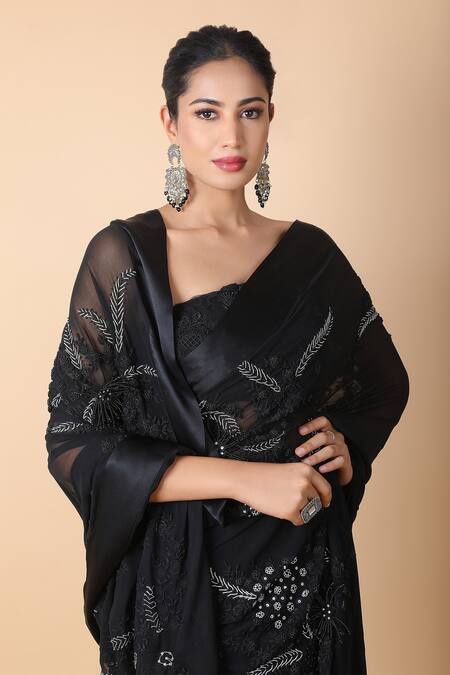 Anamika Khanna_Black Embroidery Floral Saree With Unstitched Blouse Piece _at_Aza_Fashions