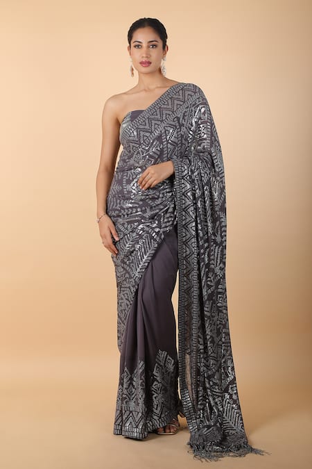 Nakul Sen Grey Embroidered Sequins Saree With Unstitched Blouse Piece 