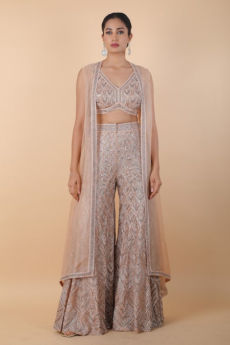 Sana Barreja_Beige Cotton Cut Work, Sequins V-neck Embroidered Sharara And Cape Set _Online_at_Aza_Fashions