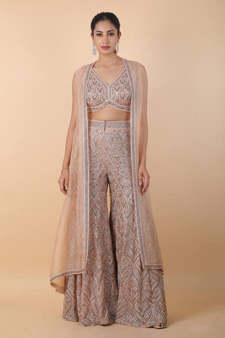 Buy_Sana Barreja_Beige Cotton Cut Work, Sequins V-neck Embroidered Sharara And Cape Set _Online_at_Aza_Fashions