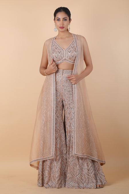 Shop_Sana Barreja_Beige Cotton Cut Work, Sequins V-neck Embroidered Sharara And Cape Set _Online_at_Aza_Fashions