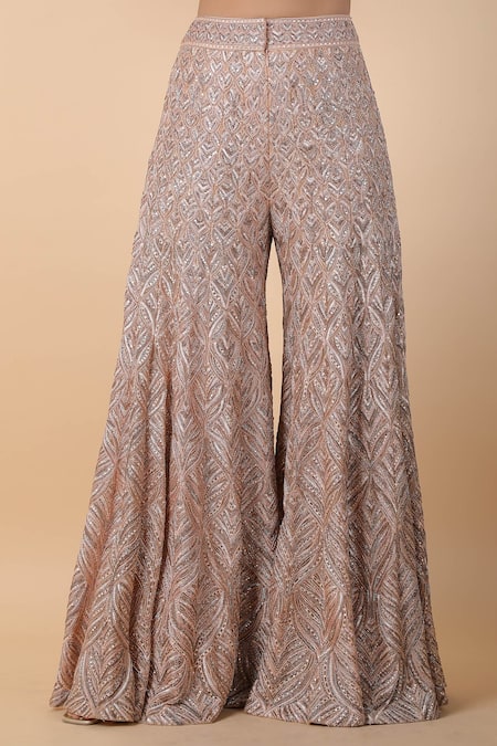 Buy_Sana Barreja_Beige Cotton Cut Work, Sequins V-neck Embroidered Sharara And Cape Set 