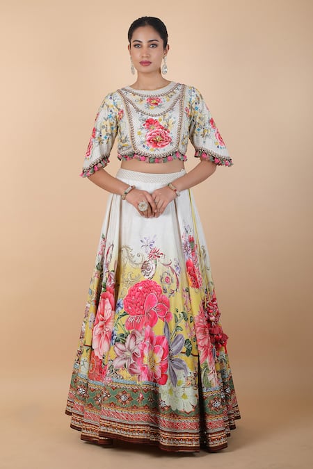 Kalista_Multi Color Cotton Tassels, Embroidery Round Floral Botanic Pattern Lehenga Set_Online_at_Aza_Fashions