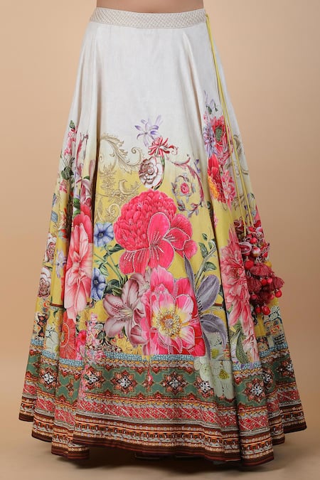 Buy_Kalista_Multi Color Cotton Tassels, Embroidery Round Floral Botanic Pattern Lehenga Set_Online_at_Aza_Fashions