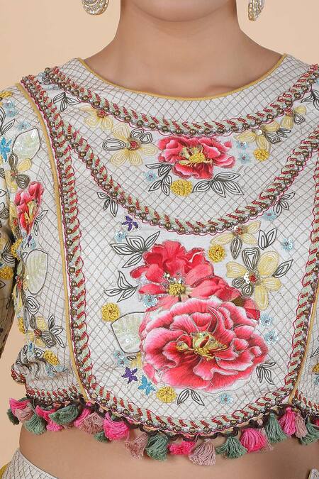 Kalista_Multi Color Cotton Tassels, Embroidery Round Floral Botanic Pattern Lehenga Set_at_Aza_Fashions