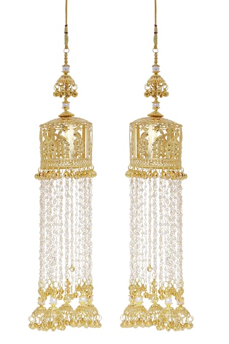 Shop Vivinia By Vidhi Mehra Gold Plated Beads, Tassels Peacock Carved Pair Of Tying Kaleeras at Aza Fashions Shop_Vivinia By Vidhi Mehra_Gold Plated Beads, Tassels Peacock Carved Pair Of Tying Kaleeras _at_Aza_Fashions