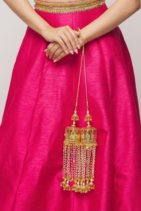 Shop Vivinia By Vidhi Mehra Gold Plated Beads, Tassels Peacock Carved Pair Of Tying Kaleeras Online at Aza Fashions Shop_Vivinia By Vidhi Mehra_Gold Plated Beads, Tassels Peacock Carved Pair Of Tying Kaleeras _Online_at_Aza_Fashions