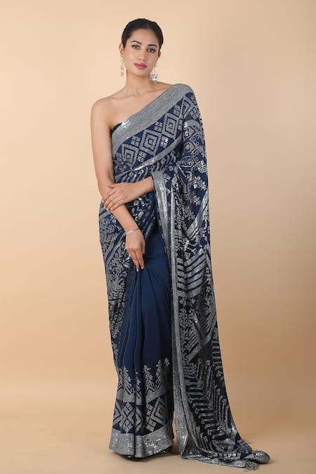 Nakul Sen Blue Embroidered Sequins Saree With Unstitched Blouse Piece 