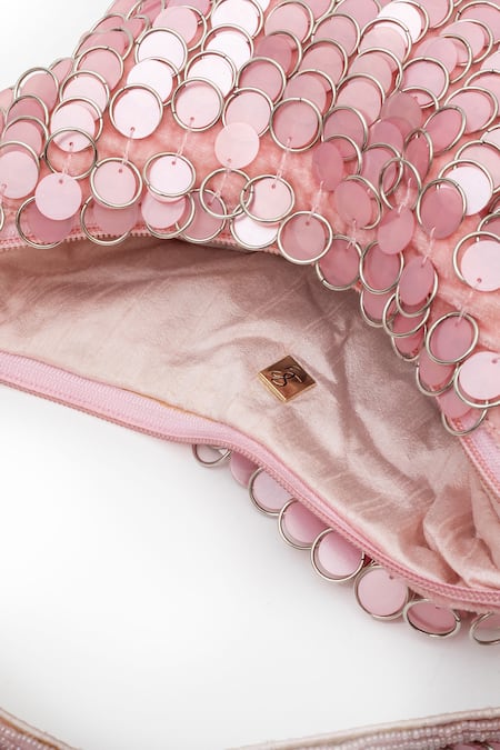 SG Collection By Sonia Gulrajani_Pink Sequin Kendall Rose Embellished Velvet Bag_Online_at_Aza_Fashions