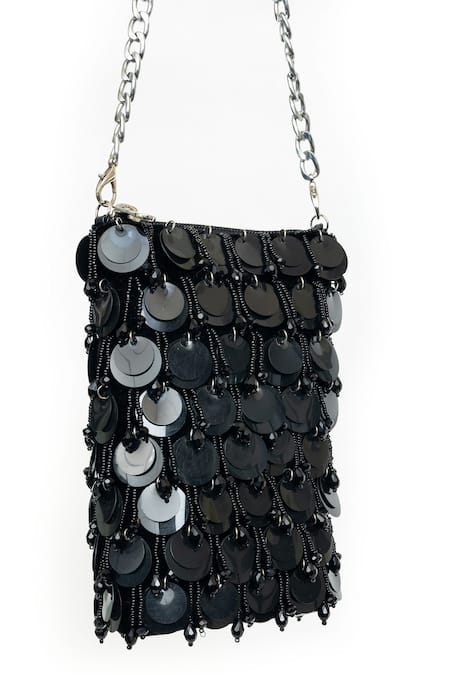 Shop SG Collection By Sonia Gulrajani Black Sequin Penny Shimmy And Bead Tassel Sling Phone Bag at Aza Fashions Shop_SG Collection By Sonia Gulrajani_Black Sequin Penny Shimmy And Bead Tassel Sling Phone Bag _at_Aza_Fashions