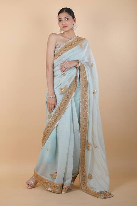 Buy_Anamika Khanna_Blue Cotton Embroidery Floral Saree With Unstitched Blouse Piece_Online_at_Aza_Fashions
