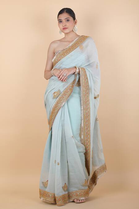 Anamika Khanna_Blue Cotton Embroidery Floral Saree With Unstitched Blouse Piece_at_Aza_Fashions