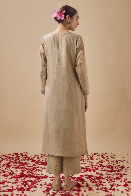 Cupid Cotton_Grey Chanderi Silk, Organza Embroidery Square Neck Kurta Pant Set _Online_at_Aza_Fashions