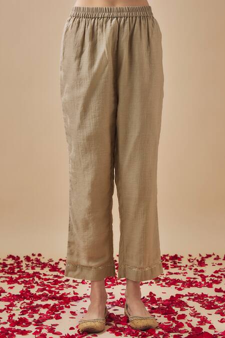 Buy_Cupid Cotton_Grey Chanderi Silk, Organza Embroidery Square Neck Kurta Pant Set _Online_at_Aza_Fashions