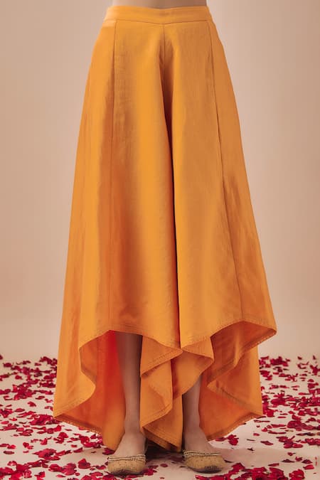 Cupid Cotton Yellow Chanderi Silk, Cotton Embroidery Round Yoke Kurta With Asymmetric Pant Online at Aza Fashions Cupid Cotton_Yellow Chanderi Silk, Cotton Embroidery Round Yoke Kurta With Asymmetric Pant _Online_at_Aza_Fashions