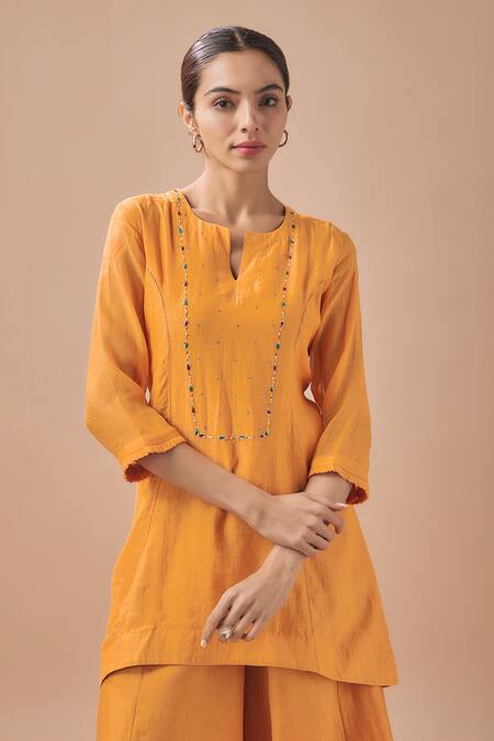 Buy Cupid Cotton Yellow Chanderi Silk, Cotton Embroidery Round Yoke Kurta With Asymmetric Pant Online at Aza Fashions Buy_Cupid Cotton_Yellow Chanderi Silk, Cotton Embroidery Round Yoke Kurta With Asymmetric Pant _Online_at_Aza_Fashions