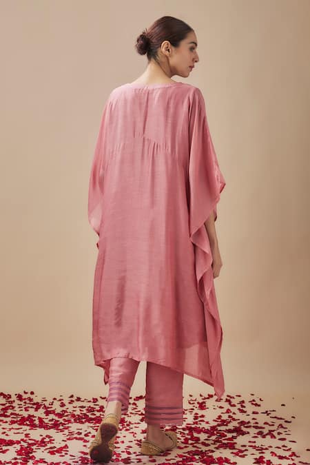 Shop Cupid Cotton Pink Cotton, Silk Embroidery V-neck Kaftan With Pant at Aza Fashions Shop_Cupid Cotton_Pink Cotton, Silk Embroidery V-neck Kaftan With Pant _at_Aza_Fashions
