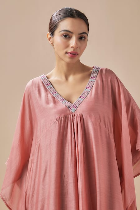 Buy Cupid Cotton Pink Cotton, Silk Embroidery V-neck Kaftan With Pant Online at Aza Fashions Buy_Cupid Cotton_Pink Cotton, Silk Embroidery V-neck Kaftan With Pant _Online_at_Aza_Fashions