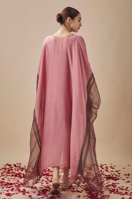 Shop_Cupid Cotton_Pink Silk, Organza, Cotton Split V-neck Panelled Kaftan _at_Aza_Fashions