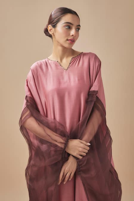 Cupid Cotton_Pink Silk, Organza, Cotton Split V-neck Panelled Kaftan _Online_at_Aza_Fashions