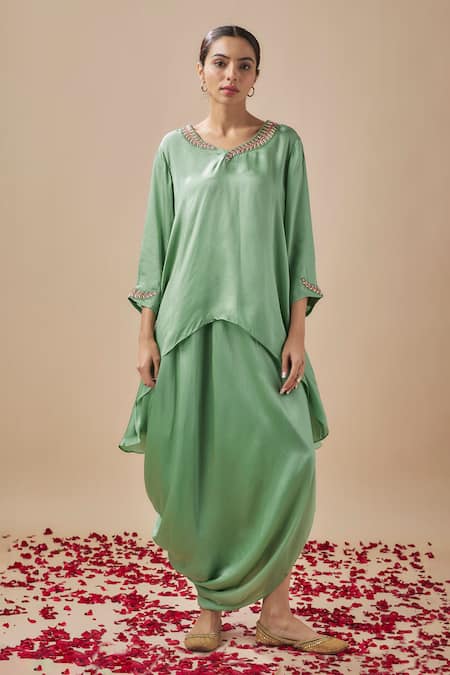 Cupid Cotton Green Bemberg Placement Embroidery Zardozi Paan Asymmetric Hem Tunic With Skirt 