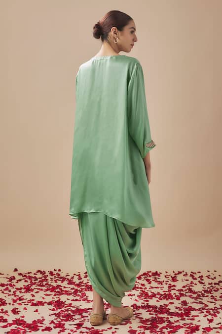 Cupid Cotton Green Crepe, Bamboo Zari, Embroidery Polo Collar Asymmetric Hem Tunic With Skirt Online at Aza Fashions Cupid Cotton_Green Crepe, Bamboo Zari, Embroidery Polo Collar Asymmetric Hem Tunic With Skirt _Online_at_Aza_Fashions