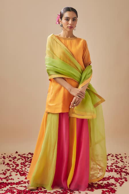 Cupid Cotton Orange Chanderi Silk And Organza Placement Short Tunic & Color Block Gharara Set 