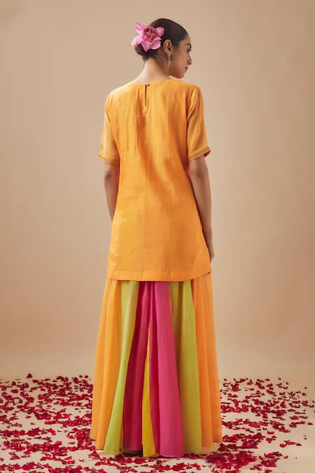 Shop Cupid Cotton Orange Chanderi Silk, Organza Sequins Short Tunic And Color Block Gharara Set at Aza Fashions Shop_Cupid Cotton_Orange Chanderi Silk, Organza Sequins Short Tunic And Color Block Gharara Set _at_Aza_Fashions