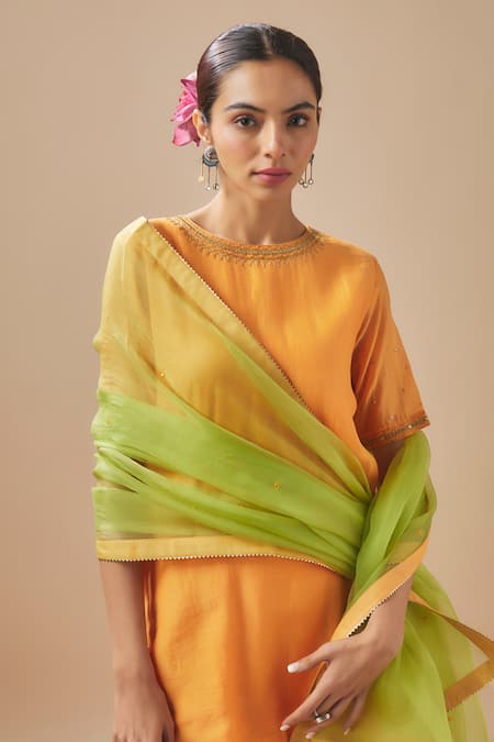 Buy Cupid Cotton Orange Chanderi Silk, Organza, Cotton Short Tunic With Color Block Gharara Online at Aza Fashions Buy_Cupid Cotton_Orange Chanderi Silk, Organza, Cotton Short Tunic With Color Block Gharara _Online_at_Aza_Fashions