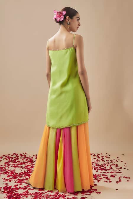 Cupid Cotton Green Chanderi Silk, Organza, Cotton Sleeveless Tunic And Color Block Gharara Set Online at Aza Fashions Cupid Cotton_Green Chanderi Silk, Organza, Cotton Sleeveless Tunic And Color Block Gharara Set _Online_at_Aza_Fashions