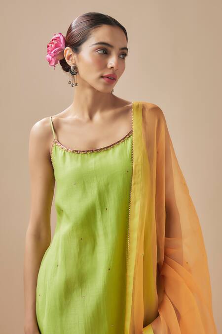 Buy Cupid Cotton Green Chanderi Silk, Organza, Cotton Sleeveless Tunic With Color Block Gharara Online at Aza Fashions Buy_Cupid Cotton_Green Chanderi Silk, Organza, Cotton Sleeveless Tunic With Color Block Gharara _Online_at_Aza_Fashions