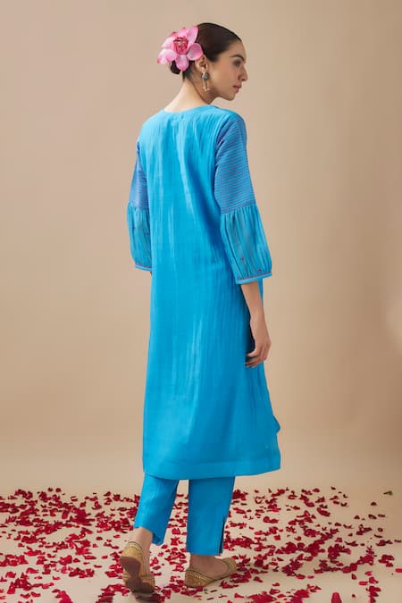 Shop Cupid Cotton Blue Organza, Chanderi Silk, Cotton Beads V-neck Cyan Pleat Detailed Kurta Set at Aza Fashions Shop_Cupid Cotton_Blue Organza, Chanderi Silk, Cotton Beads V-neck Cyan Pleat Detailed Kurta Set _at_Aza_Fashions