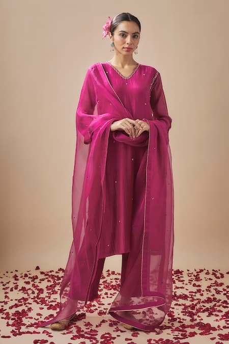 Cupid Cotton Magenta Chanderi Silk Embroidery Pitta V Neck Straight Kurta With Pant 