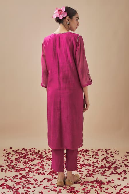 Shop Cupid Cotton Magenta Organza, Chanderi Silk, Cotton Embroidery Straight Kurta With Pant at Aza Fashions Shop_Cupid Cotton_Magenta Organza, Chanderi Silk, Cotton Embroidery Straight Kurta With Pant _at_Aza_Fashions