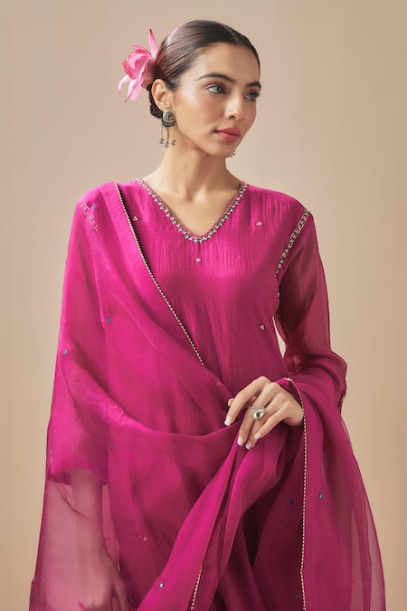 Buy Cupid Cotton Magenta Organza, Chanderi Silk, Cotton Embroidery Straight Kurta With Pant Online at Aza Fashions Buy_Cupid Cotton_Magenta Organza, Chanderi Silk, Cotton Embroidery Straight Kurta With Pant _Online_at_Aza_Fashions