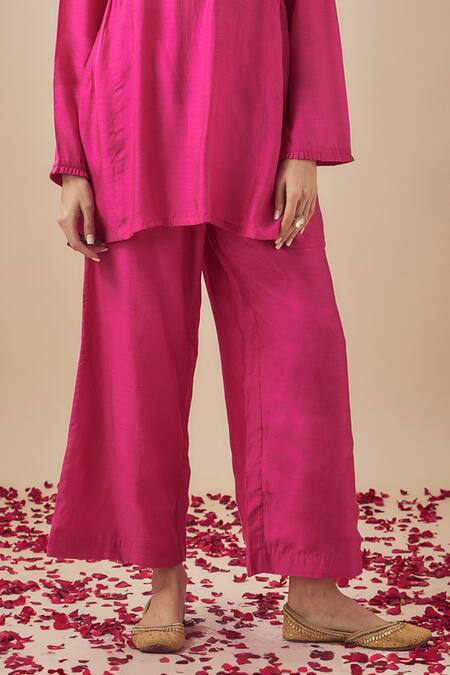 Cupid Cotton_Pink Silk, Cotton Cut Work Round Neck Tunic With Pant _Online_at_Aza_Fashions