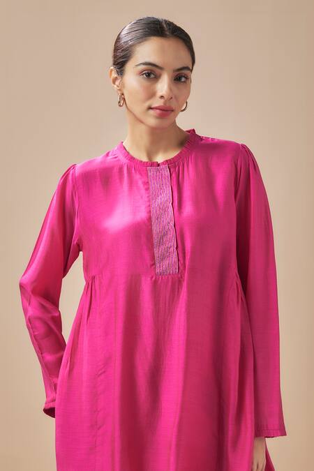 Buy_Cupid Cotton_Pink Silk, Cotton Cut Work Round Neck Tunic With Pant _Online_at_Aza_Fashions